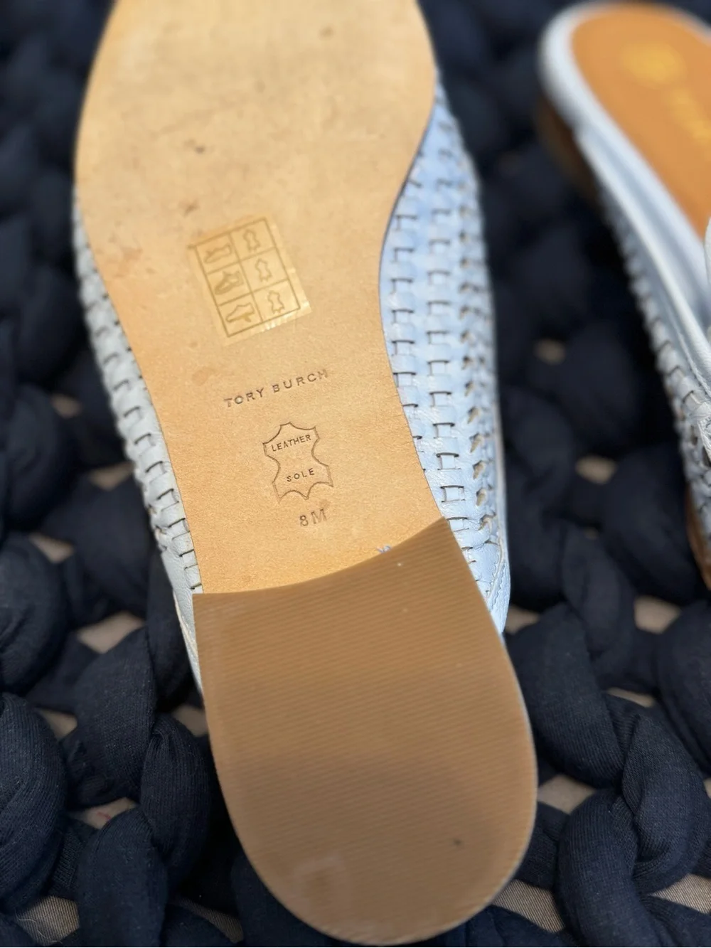 Tory Burch Sky Blue Woven Leather Backless Loafers with Gold Chain